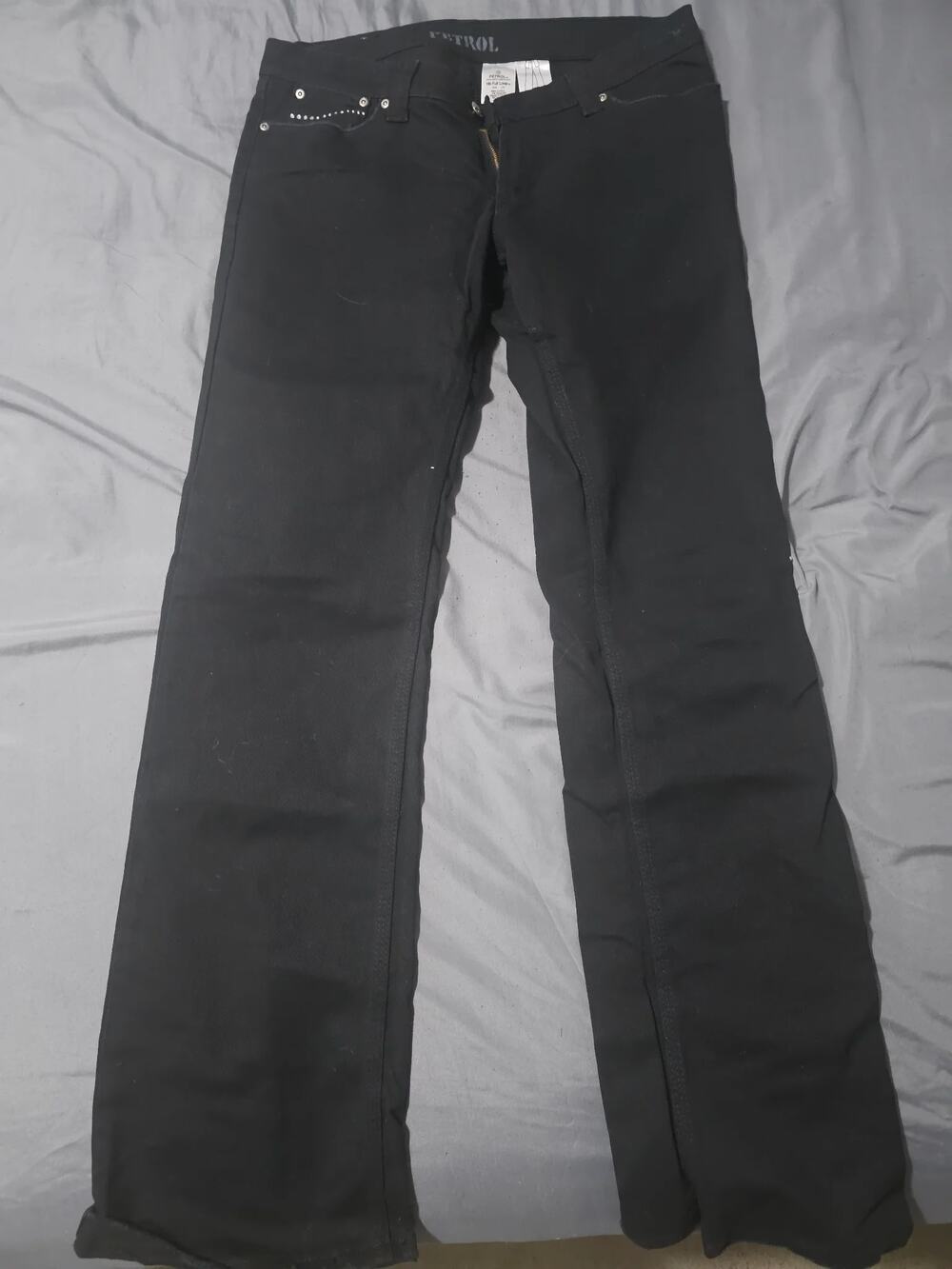 Petrol black straight leg jeans with studded front pocket detail